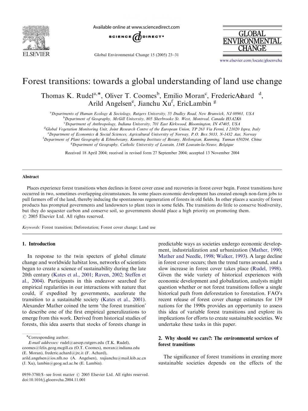 Forest Transitions: Towards a Global Understanding of Land Use Change