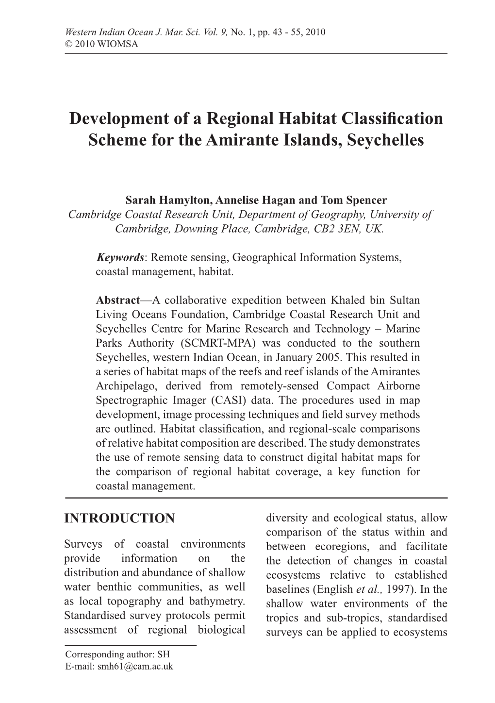 Development of a Regional Habitat Classification Scheme for the Amirante Islands, Seychelles