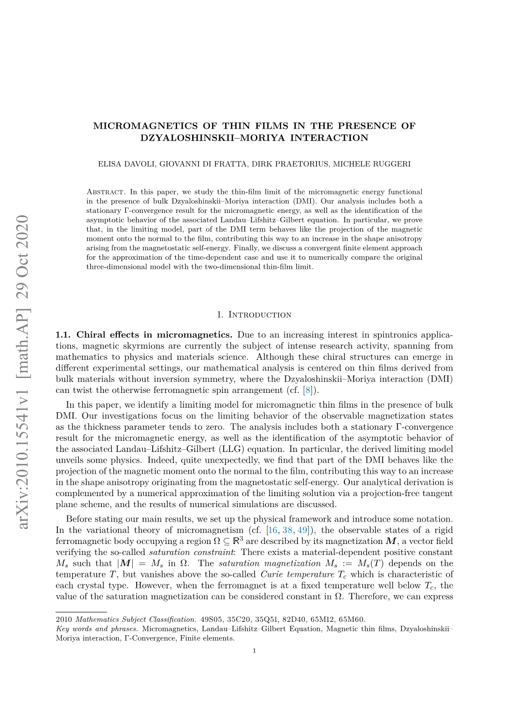 Arxiv:2010.15541V1 [Math.AP] 29 Oct 2020 in the Variational Theory of Micromagnetism (Cf