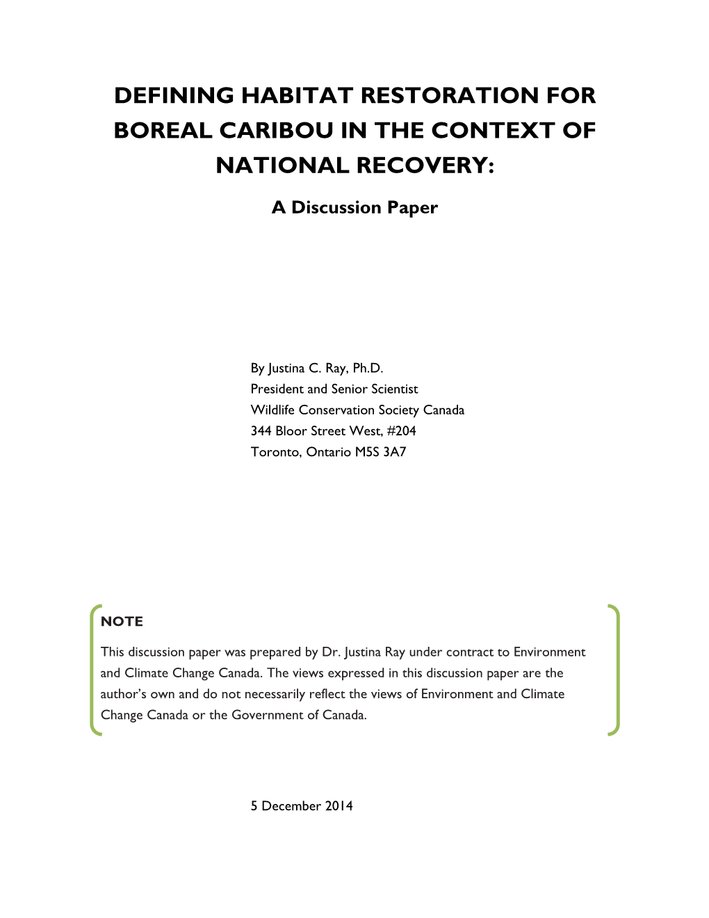 Defining Habitat Restoration for Boreal Caribou in the Context of National Recovery