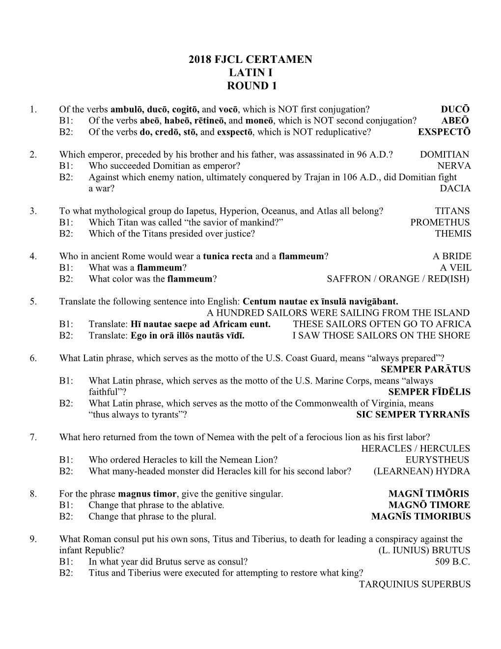 2018 Fjcl Certamen Latin I Round 1
