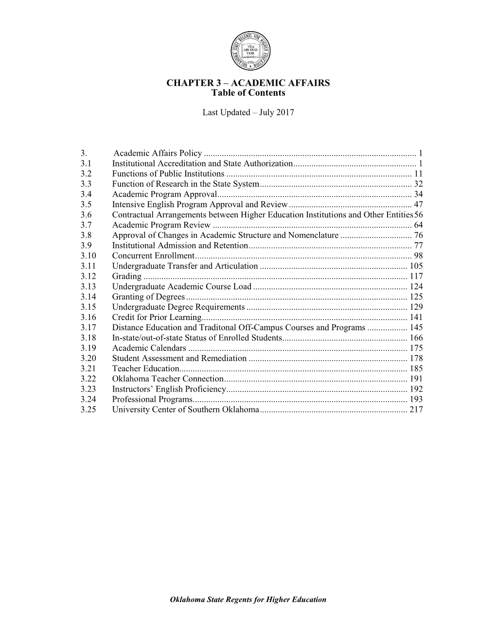 ACADEMIC AFFAIRS Table of Contents