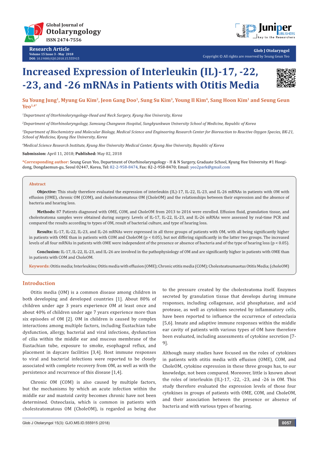 Increased Expression of Interleukin (IL)-17, -22, -23, and -26 Mrnas in Patients with Otitis Media