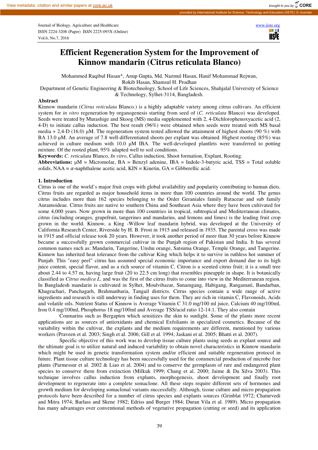 Efficient Regeneration System for the Improvement of Kinnow Mandarin (Citrus Reticulata Blanco)