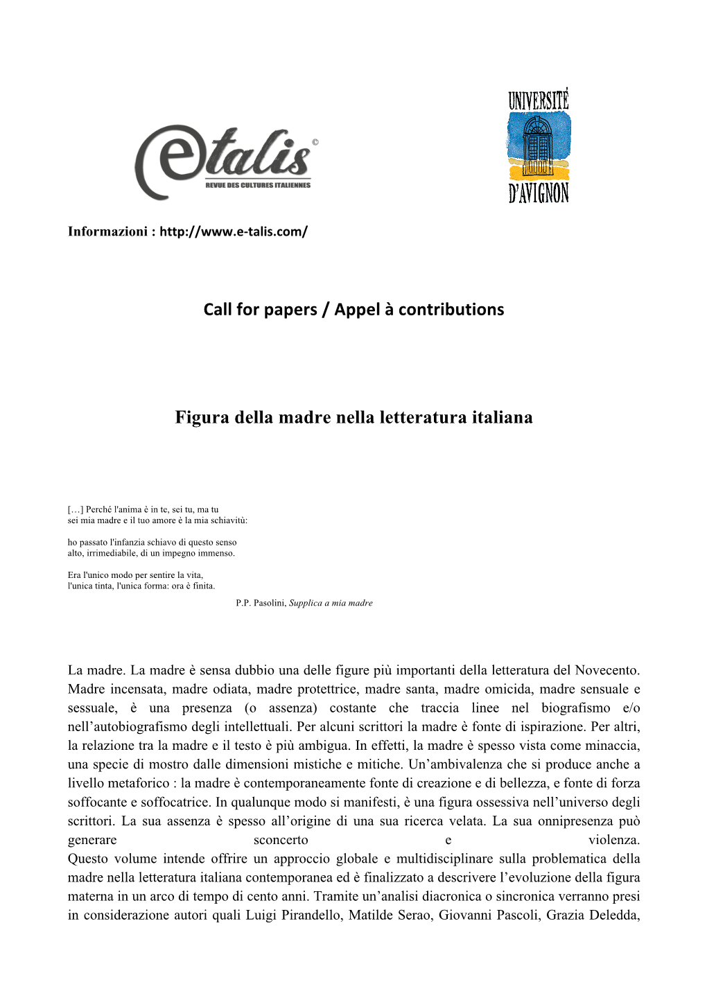 Call for Papers / Appel À Contributions Figura Della Madre Nella Letteratura