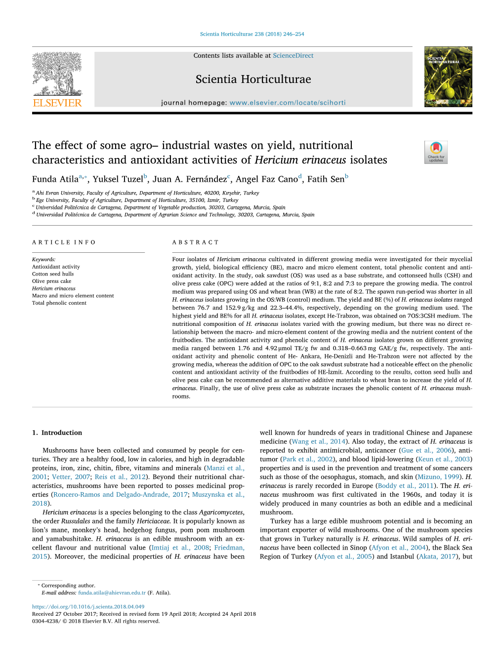 The Effect of Some Agro- Industrial Wastes on Yield, Nutritional Characteristics and Antioxidant Activities of Hericium Erinaceu