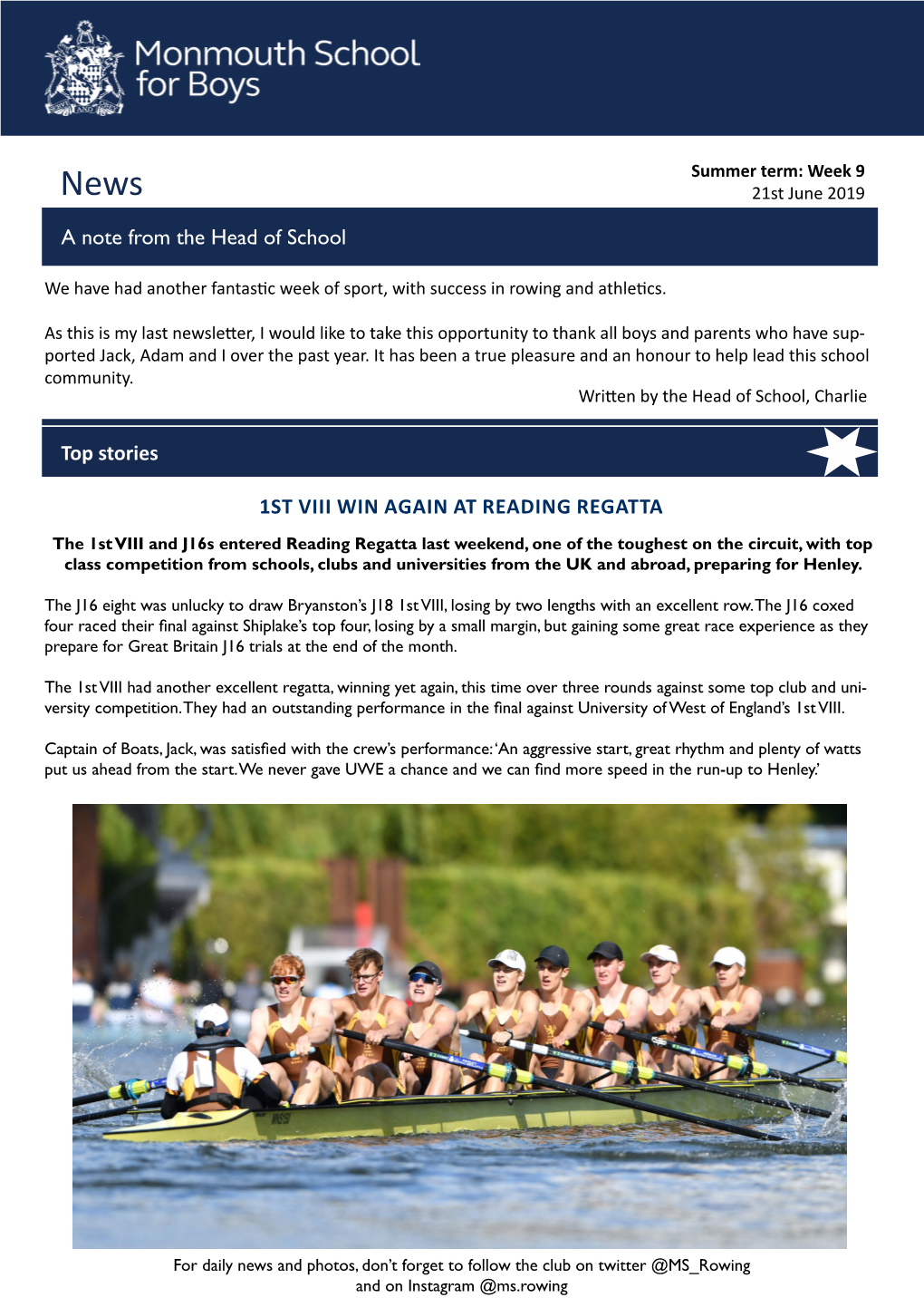 A Note from the Head of School Top Stories 1ST VIII WIN AGAIN AT