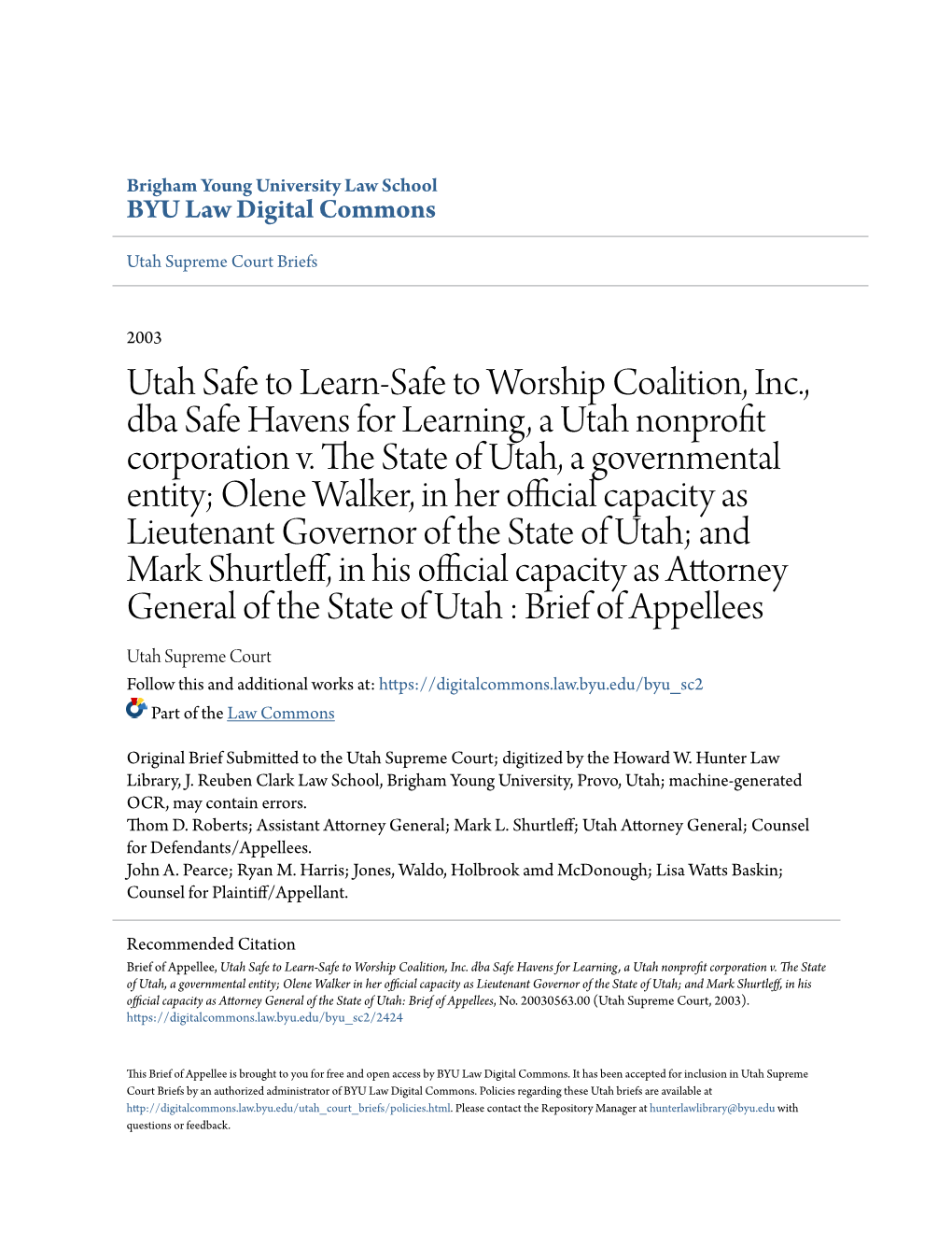 Utah Safe to Learn-Safe to Worship Coalition, Inc., Dba Safe Havens for Learning, a Utah Nonprofit Corporation V