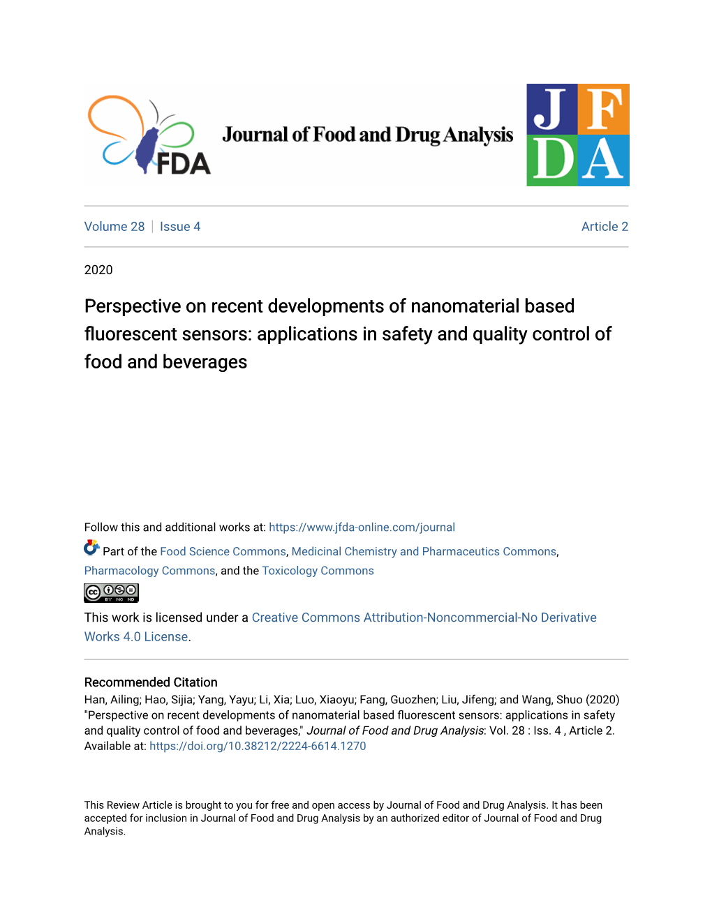 Perspective on Recent Developments of Nanomaterial Based Fluorescent Sensors: Applications in Safety and Quality Control of Food and Beverages