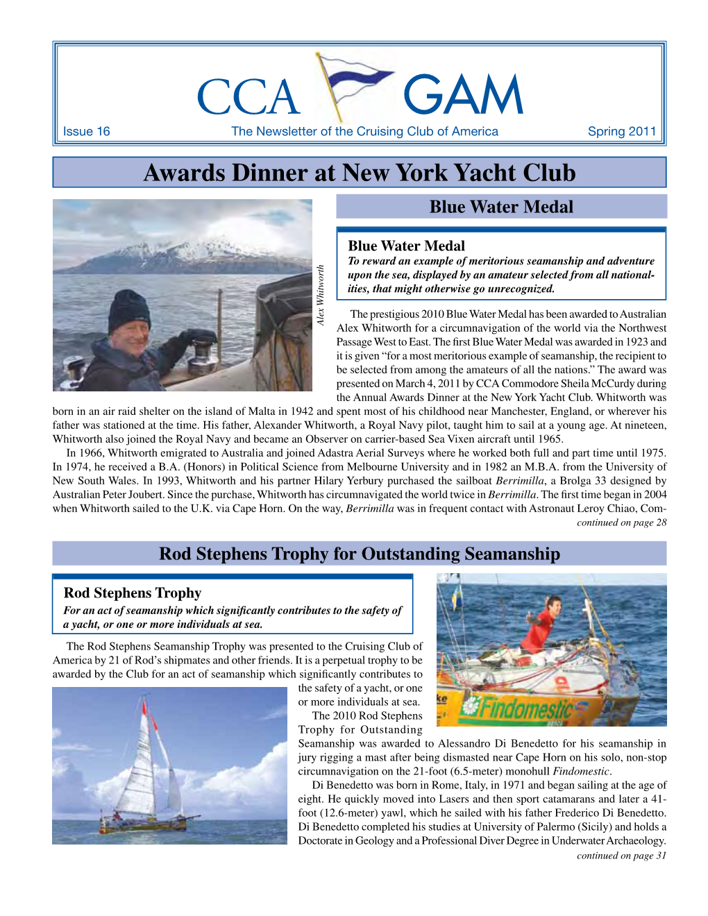 CCA GAM Issue 16 the Newsletter of the Cruising Club of America Spring 2011 Awards Dinner at New York Yacht Club Blue Water Medal