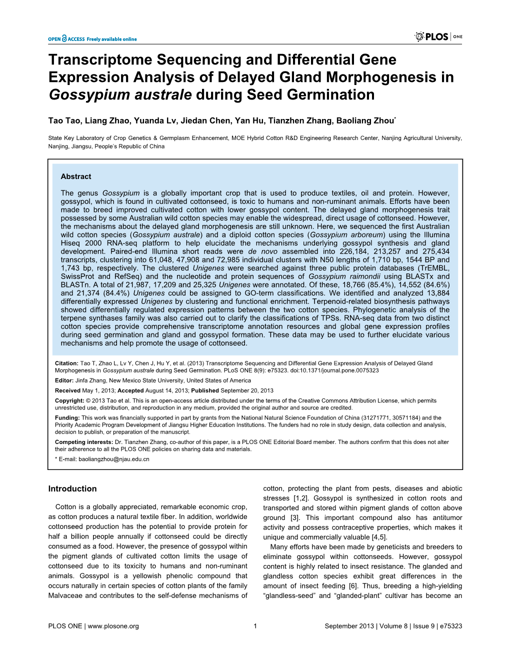 Transcriptome Sequencing and Differential Gene Expression Analysis of Delayed Gland Morphogenesis in Gossypium Australe During Seed Germination