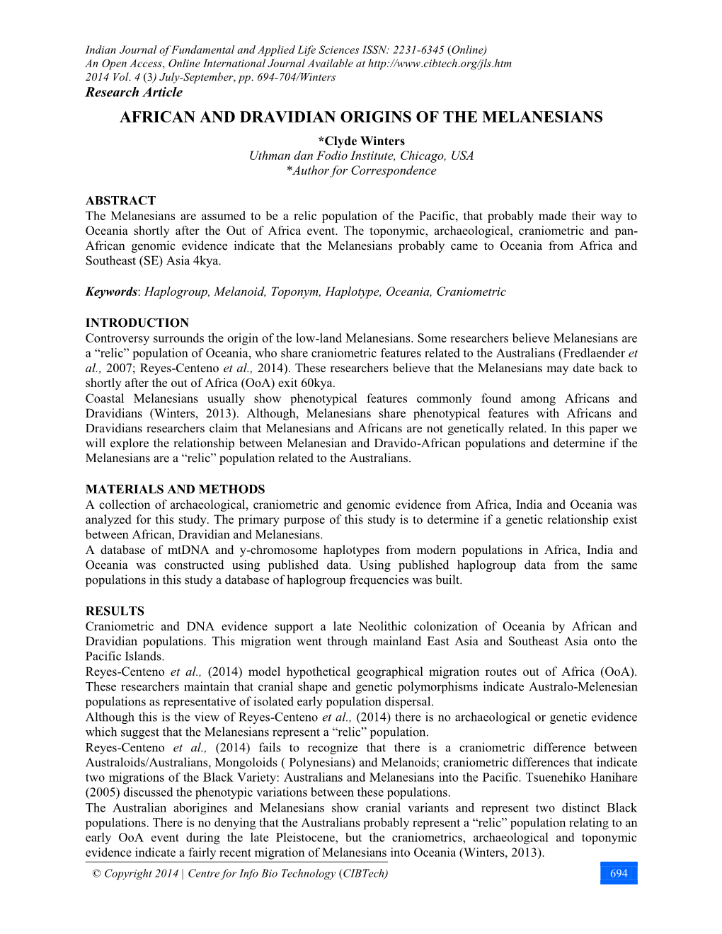 AFRICAN and DRAVIDIAN ORIGINS of the MELANESIANS *Clyde Winters Uthman Dan Fodio Institute, Chicago, USA *Author for Correspondence