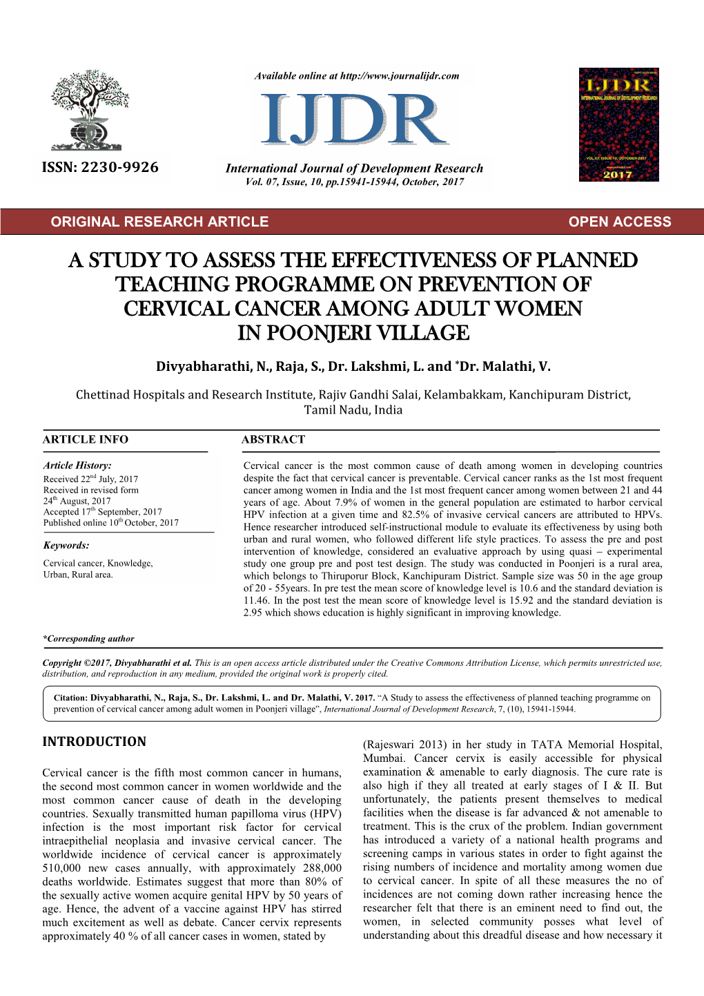 A Study to Assess the Effectiveness of Planned Teaching Programme on Prevention of Cervical Cancer Among Adult Women in Poonjeri Village