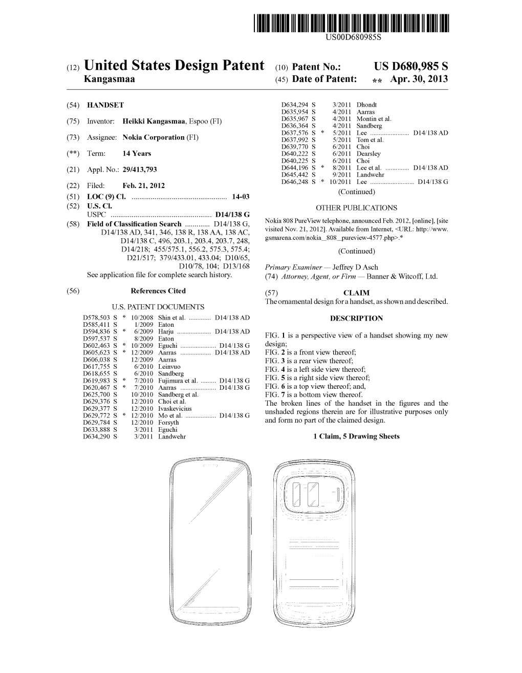 (12) United States Design Patent (10) Patent No.: US D680,985 S Kangasmaa (45) Date of Patent: Apr