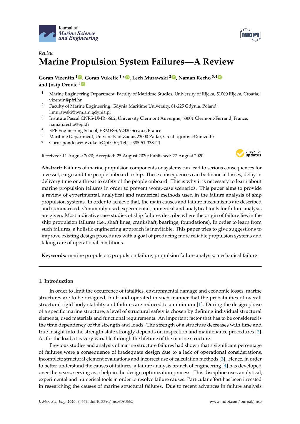 Marine Propulsion System Failures—A Review