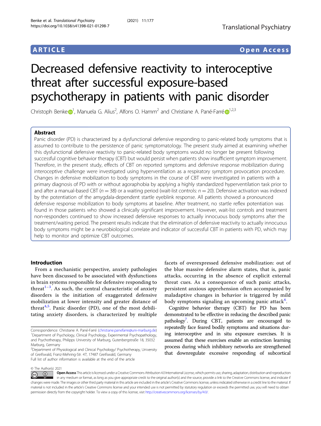 Decreased Defensive Reactivity to Interoceptive Threat After Successful Exposure-Based Psychotherapy in Patients with Panic Disorder Christoph Benke 1, Manuela G