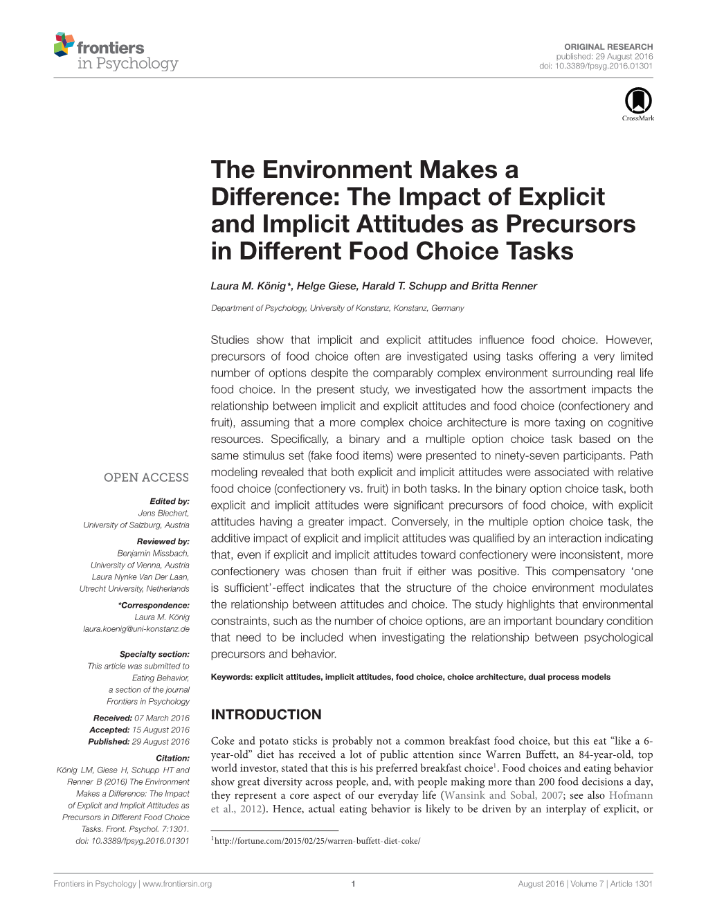The Impact of Explicit and Implicit Attitudes As Precursors in Different Food Choice Tasks