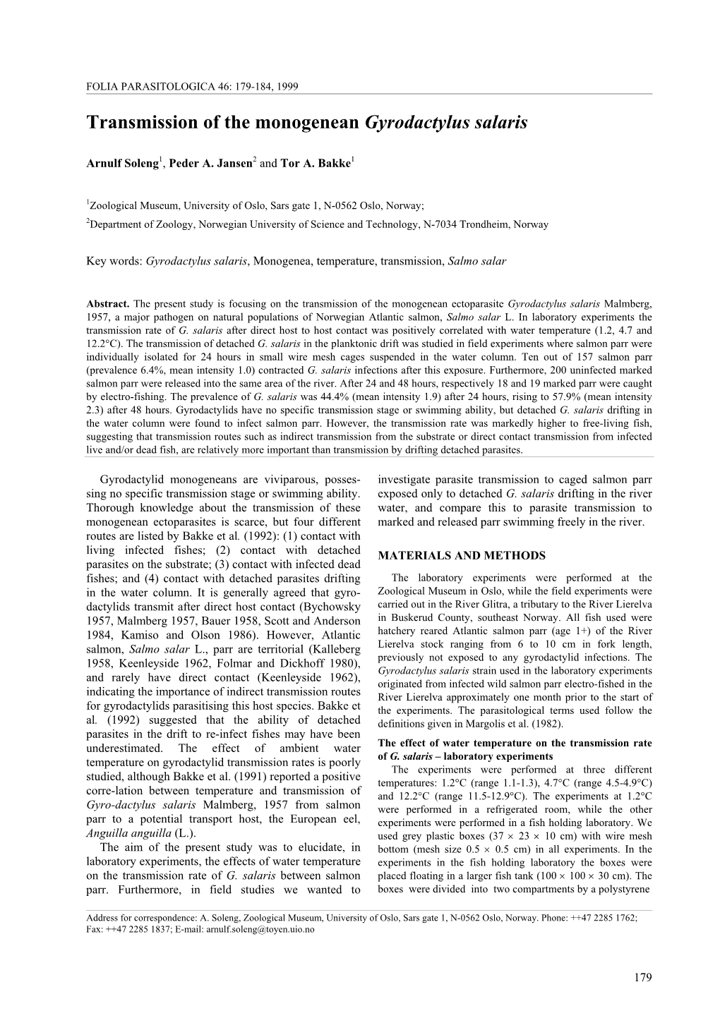 Transmission of the Monogenean Gyrodactylus Salaris