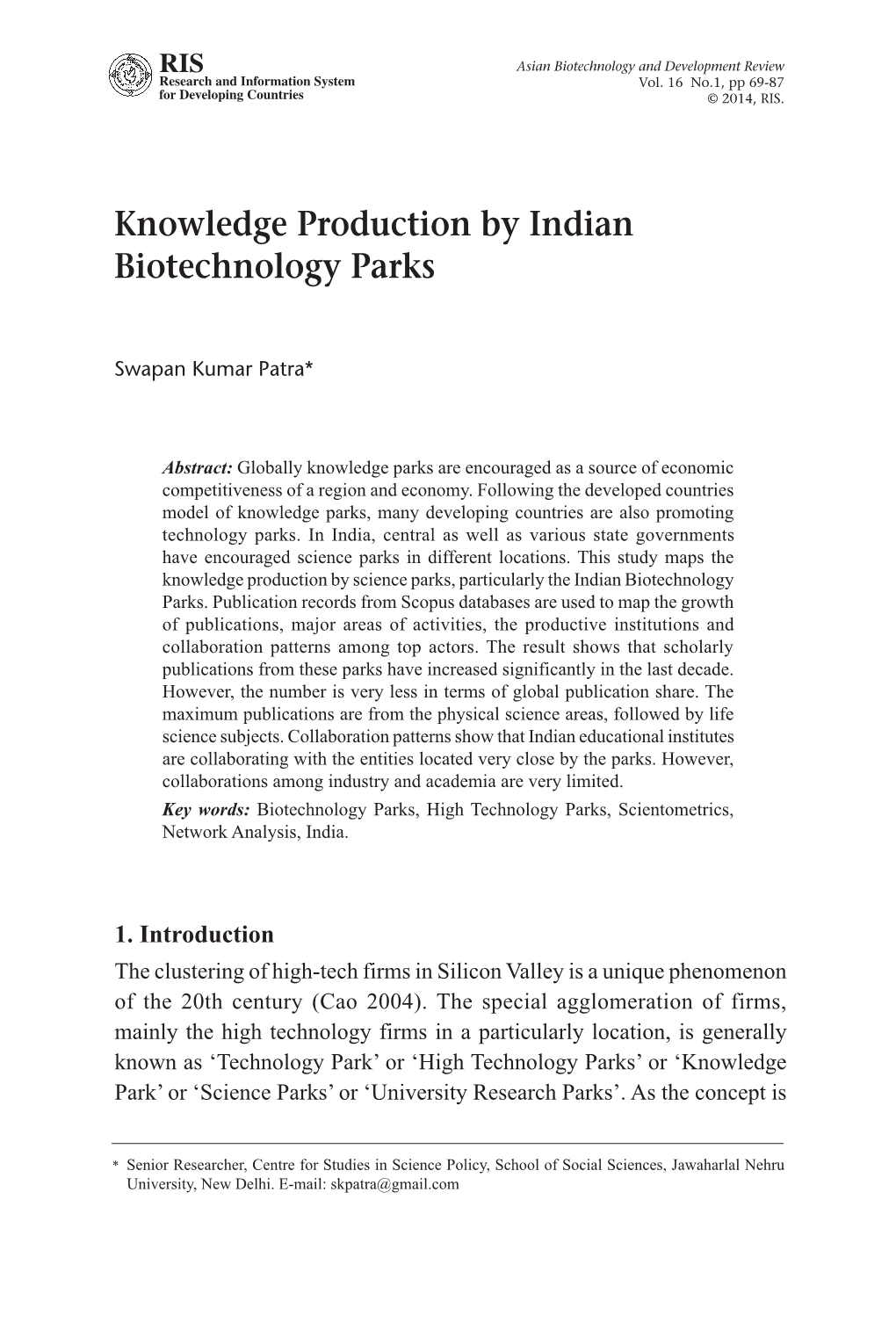 Knowledge Production by Indian Biotechnology Parks