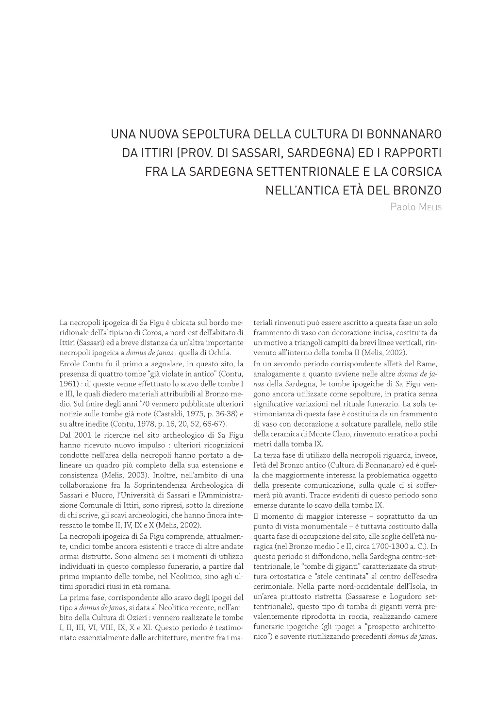 Una Nuova Sepoltura Della Cultura Di Bonnanaro Da Ittiri (Prov. Di Sassari, Sardegna)