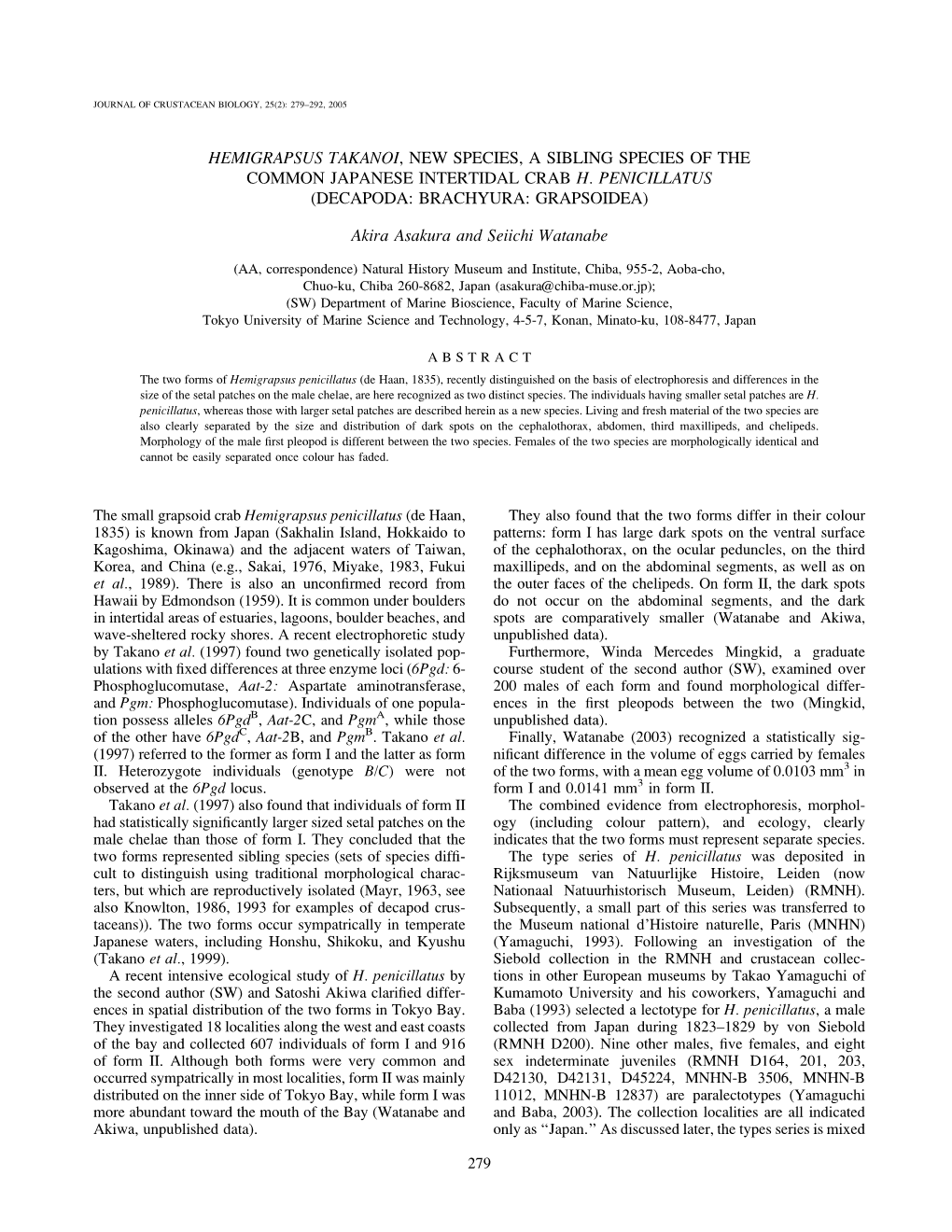 Hemigrapsus Takanoi, New Species, a Sibling Species of the Common Japanese Intertidal Crab H