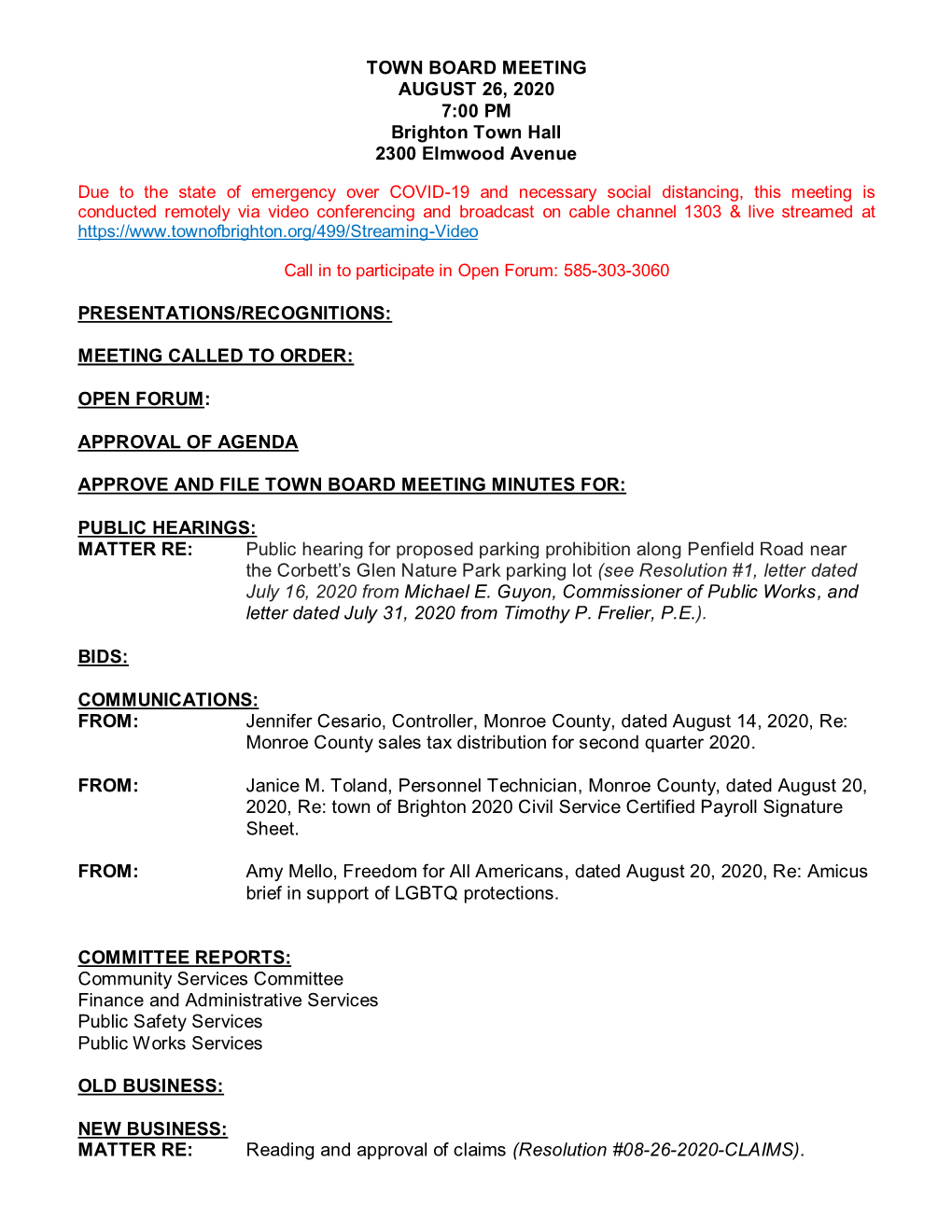 August 26, 2020 Town Board Meeting Agenda