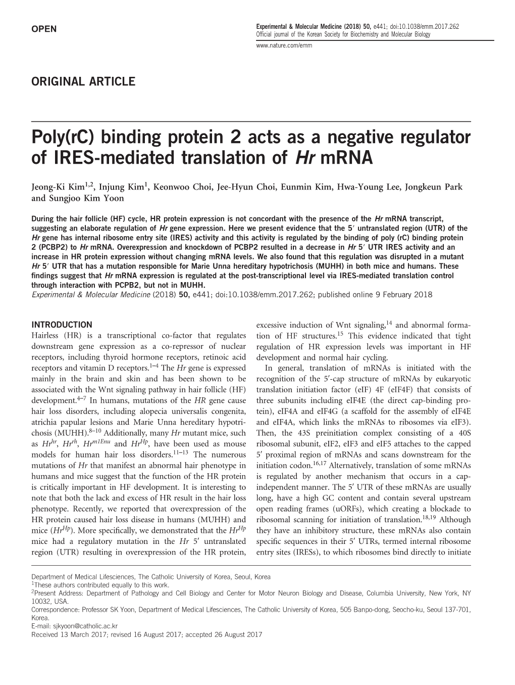 Binding Protein 2 Acts As a Negative Regulator of IRES-Mediated Translation of Hr Mrna