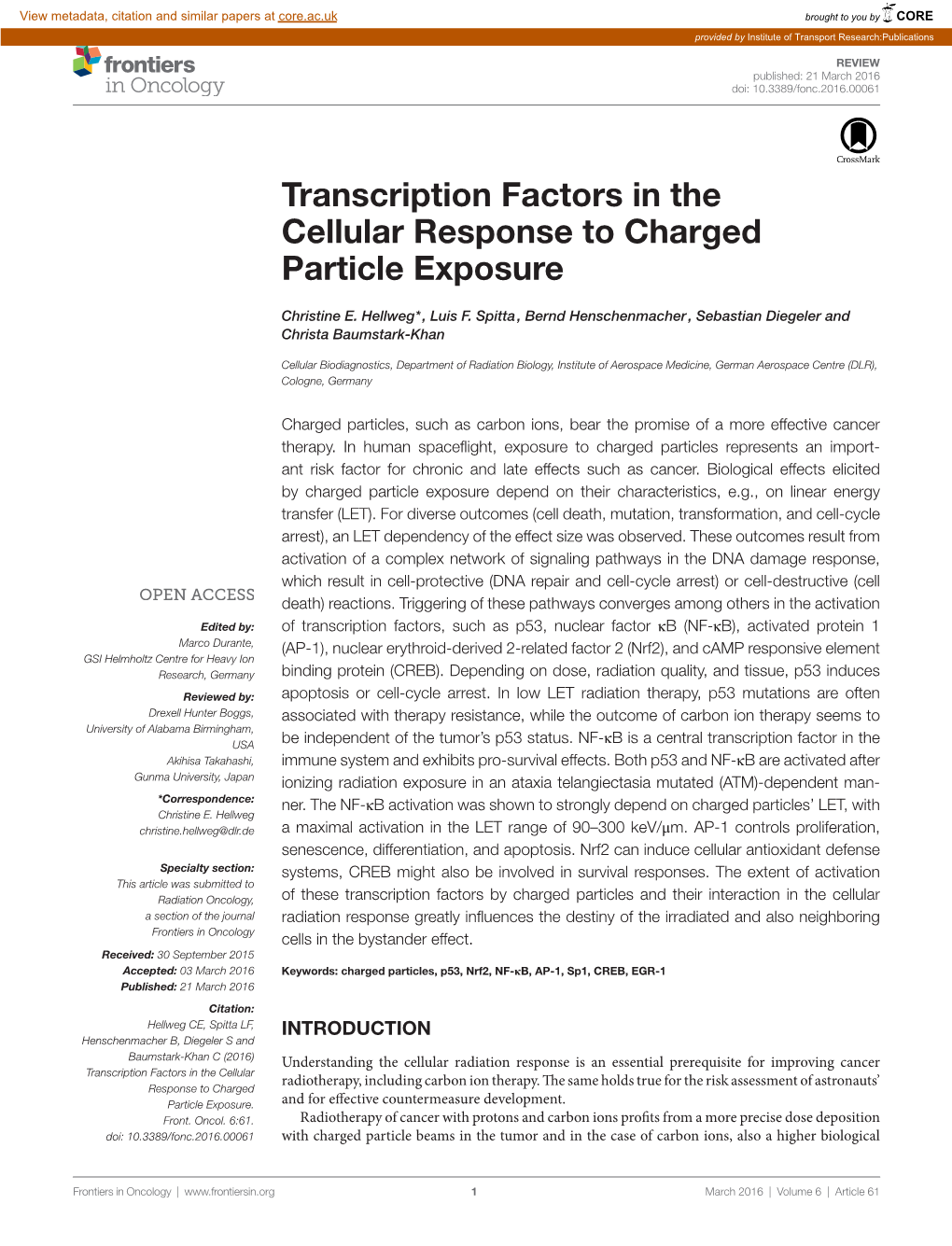 Transcription Factors in the Cellular Response to Charged Particle Exposure