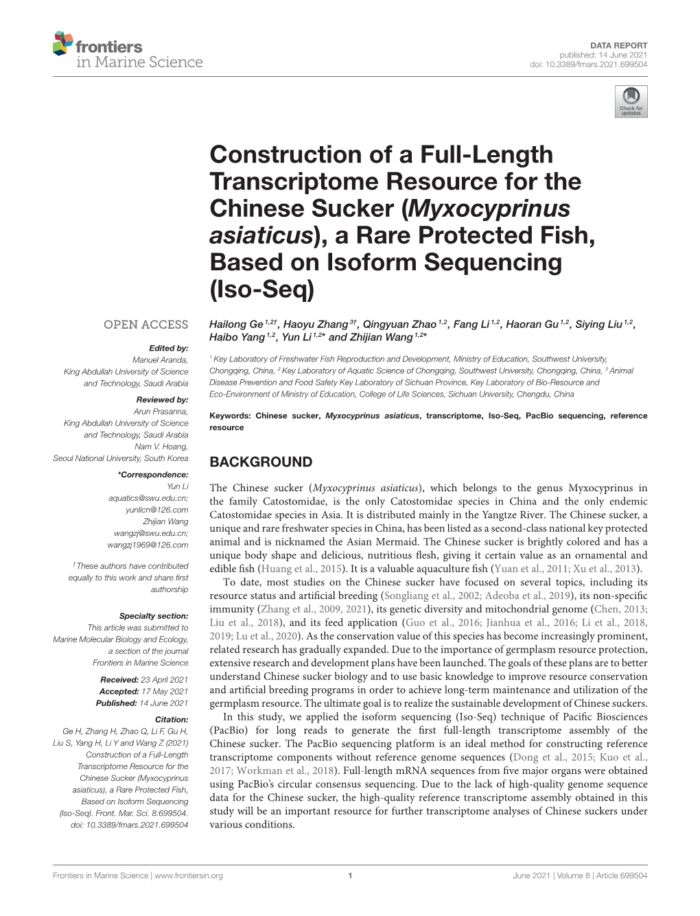 Construction of a Full-Length Transcriptome Resource for the Chinese Sucker (Myxocyprinus Asiaticus), a Rare Protected Fish, Based on Isoform Sequencing (Iso-Seq)