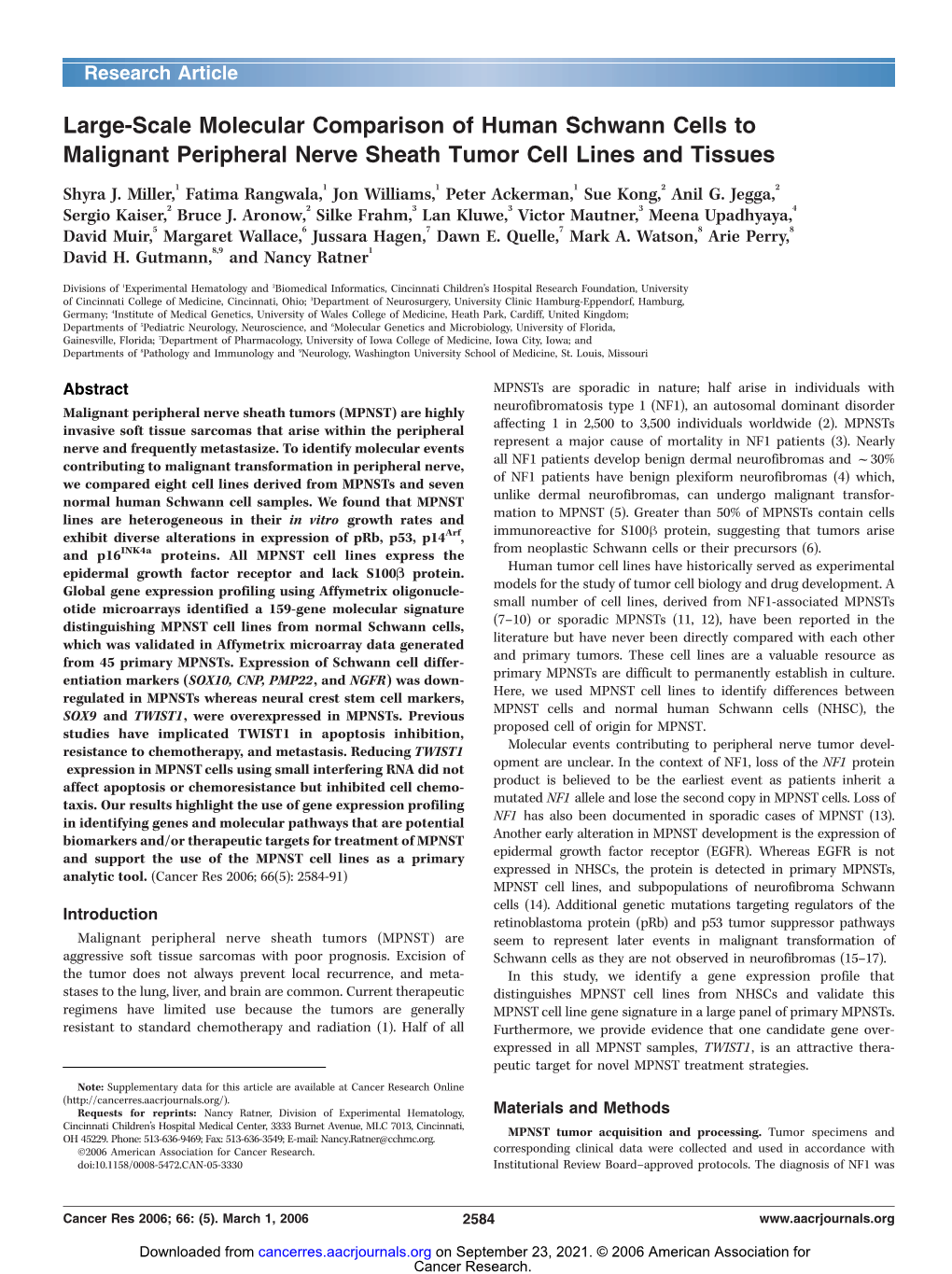 Large-Scale Molecular Comparison of Human Schwann Cells to Malignant Peripheral Nerve Sheath Tumor Cell Lines and Tissues