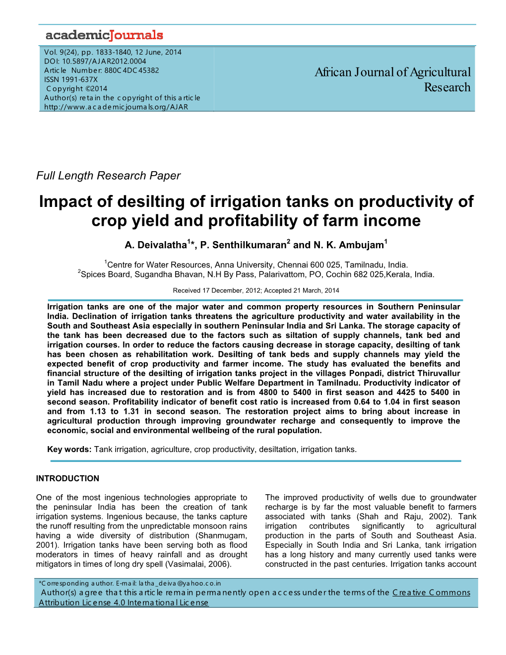 Impact of Desilting of Irrigation Tanks on Productivity of Crop Yield and Profitability of Farm Income