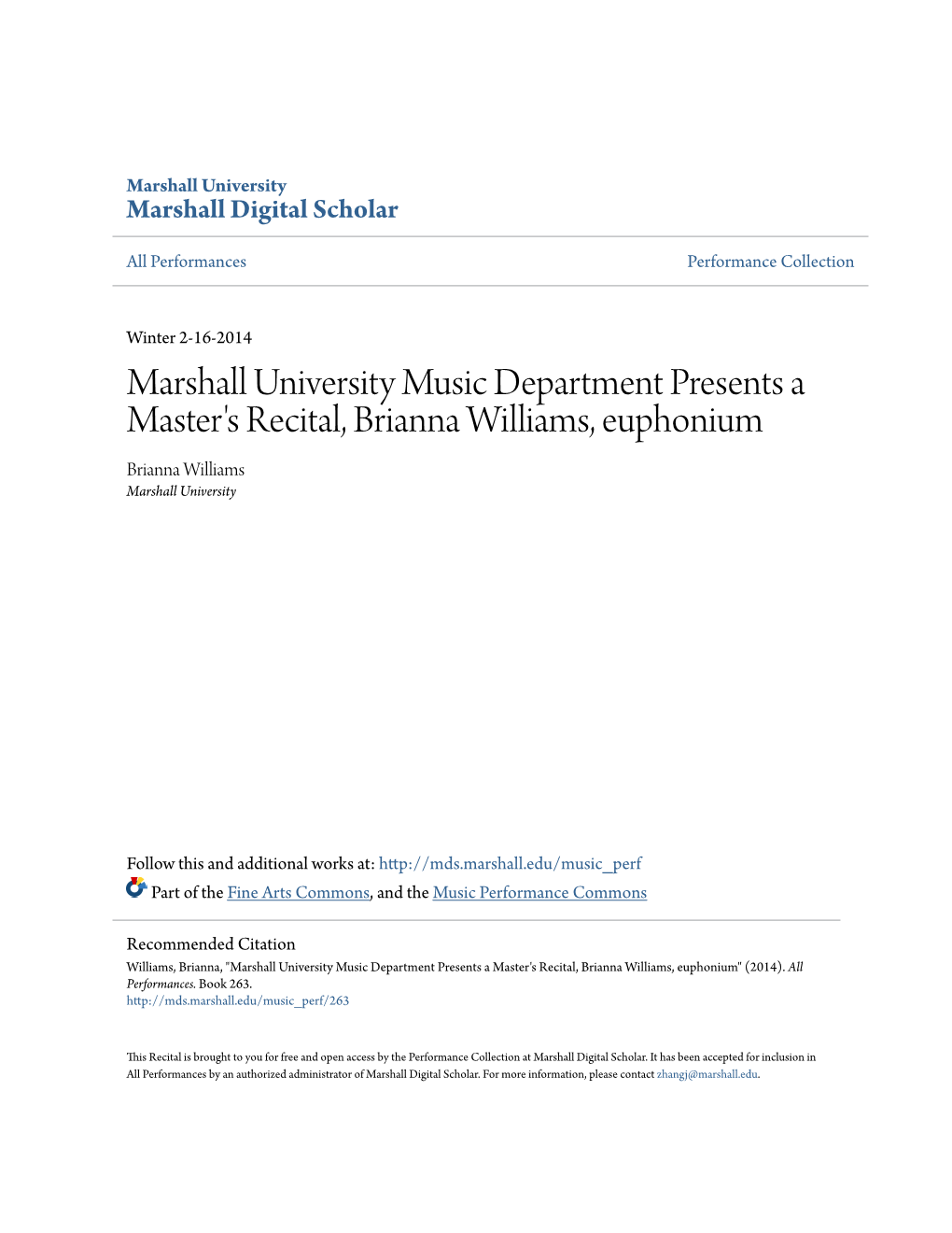 Marshall University Music Department Presents a Master's Recital, Brianna Williams, Euphonium Brianna Williams Marshall University