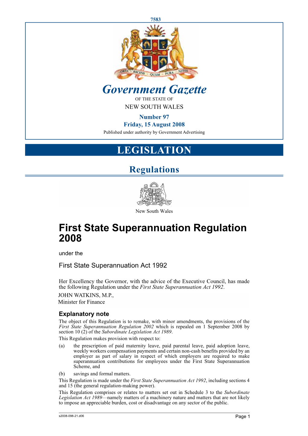 Government Gazette of the STATE of NEW SOUTH WALES Number 97 Friday, 15 August 2008 Published Under Authority by Government Advertising