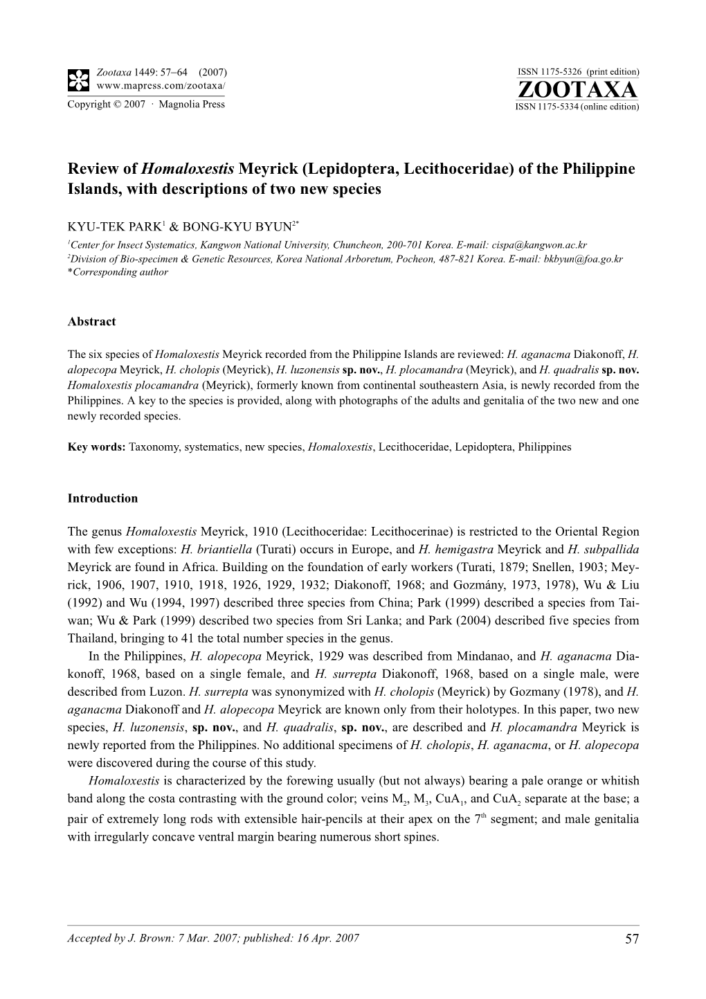 Zootaxa,Review of Homaloxestis Meyrick (Lepidoptera, Lecithoceridae) of the Philippine