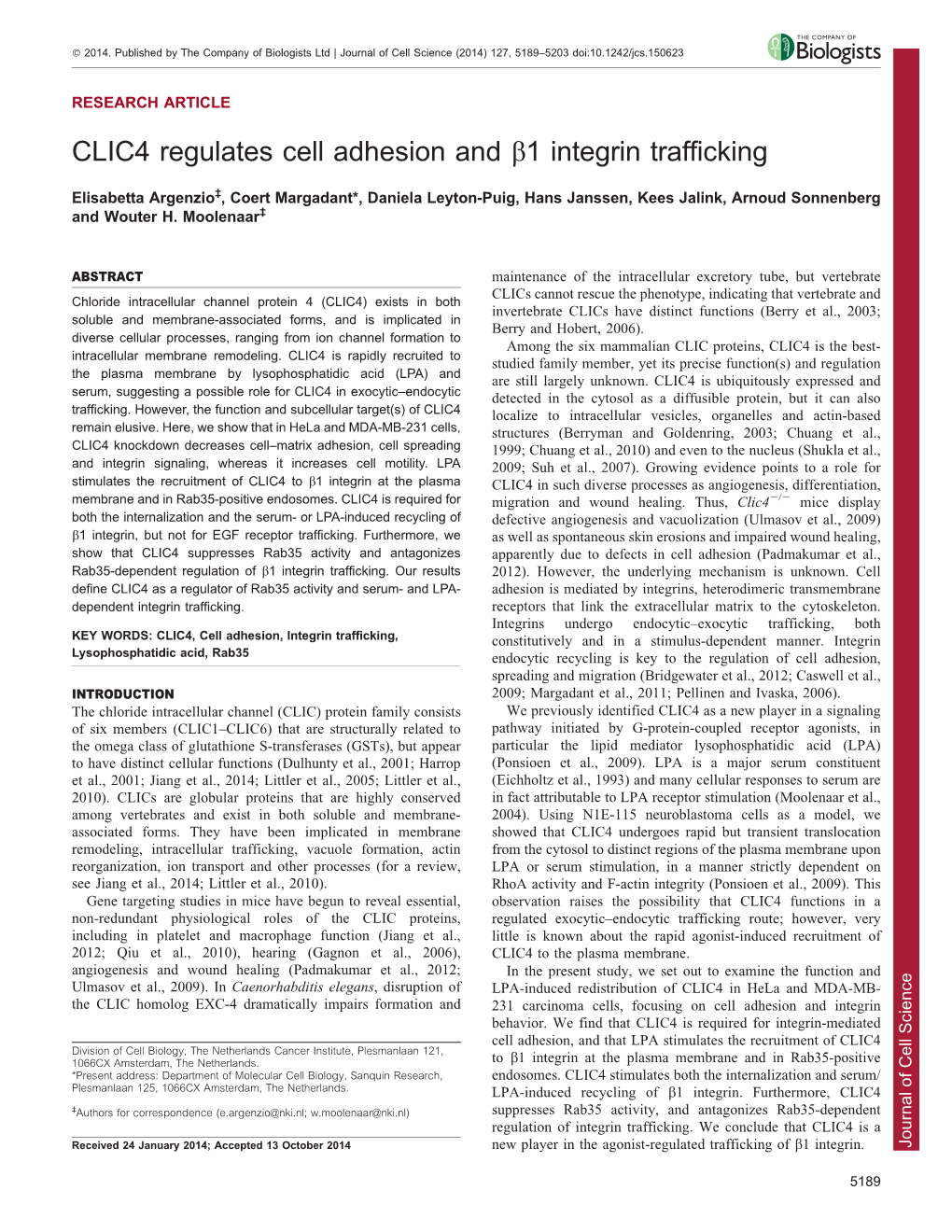 CLIC4 Regulates Cell Adhesion and B1 Integrin Trafficking
