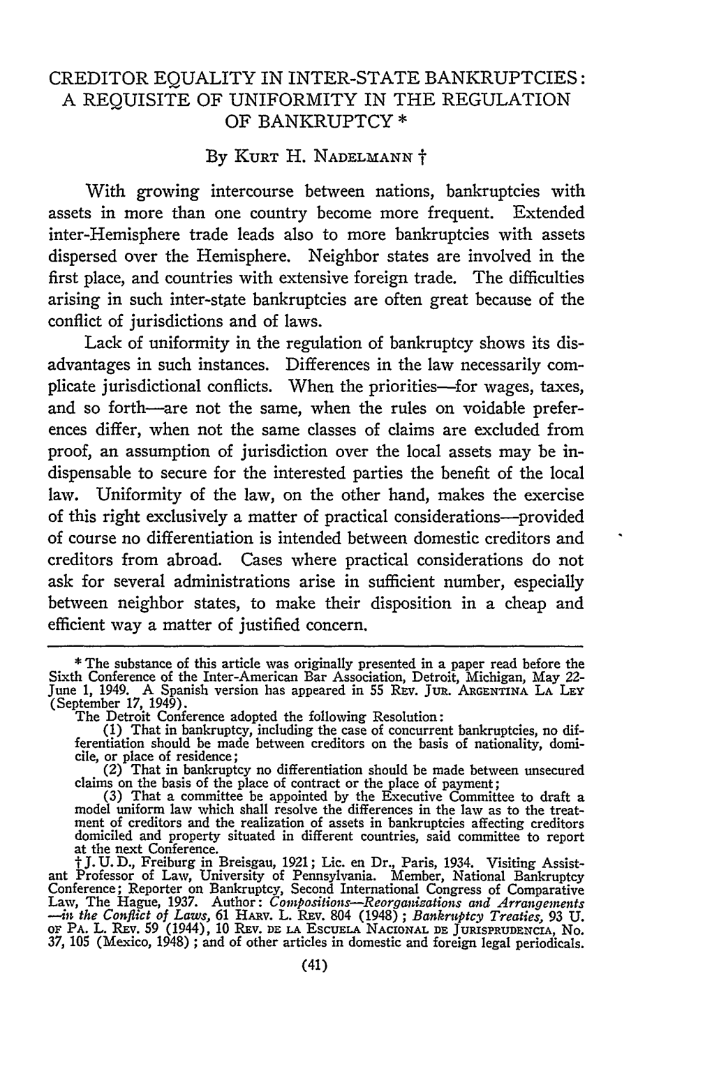 Creditor Equality in Inter-State Bankruptcies: a Requisite of Uniformity in the Regulation of Bankruptcy *