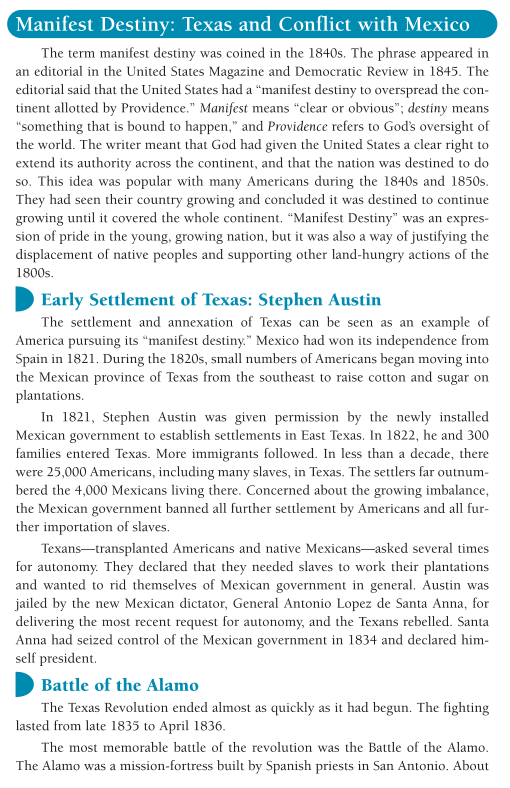 Manifest Destiny: Texas and Conflict with Mexico the Term Manifest Destiny Was Coined in the 1840S