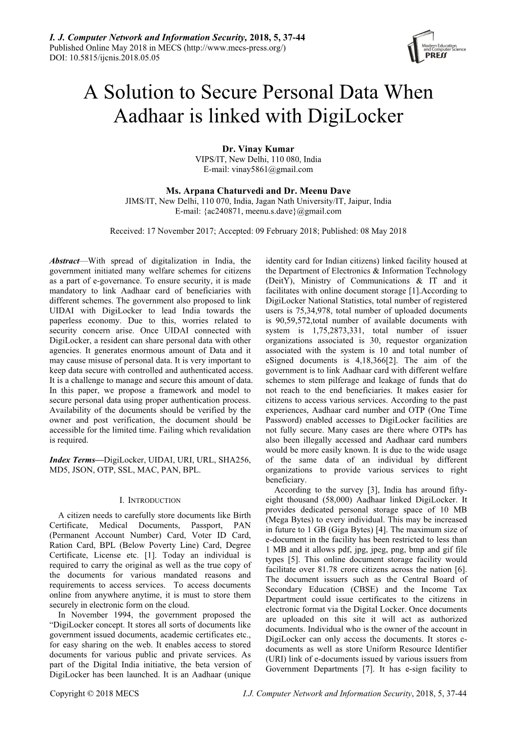 A Solution to Secure Personal Data When Aadhaar Is Linked with Digilocker