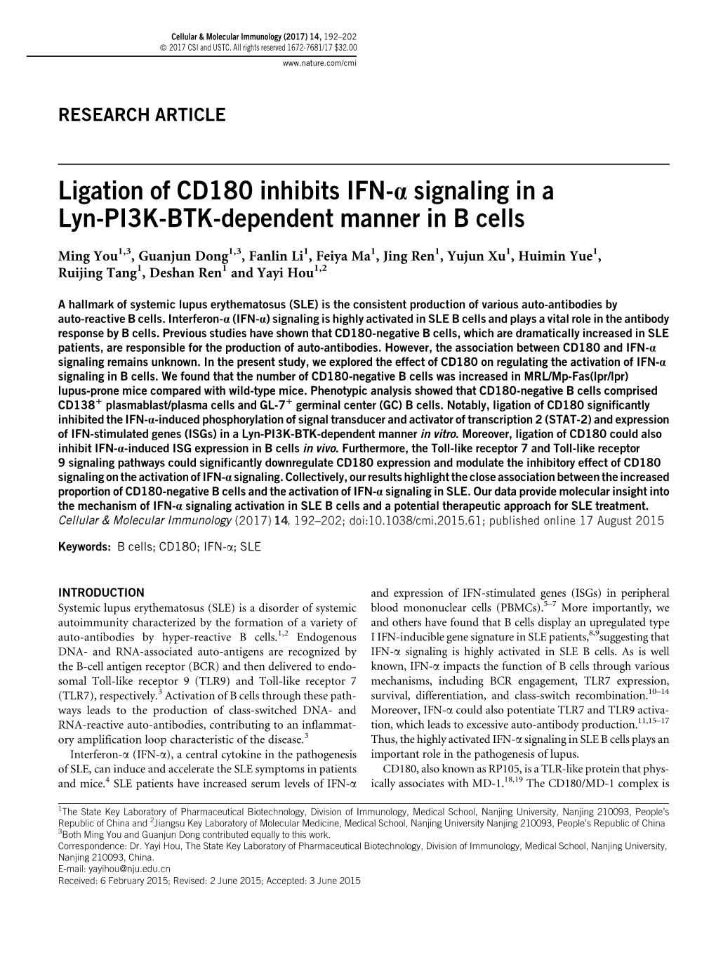 Ligation of CD180 Inhibits IFN-Α Signaling in a Lyn-PI3K-BTK