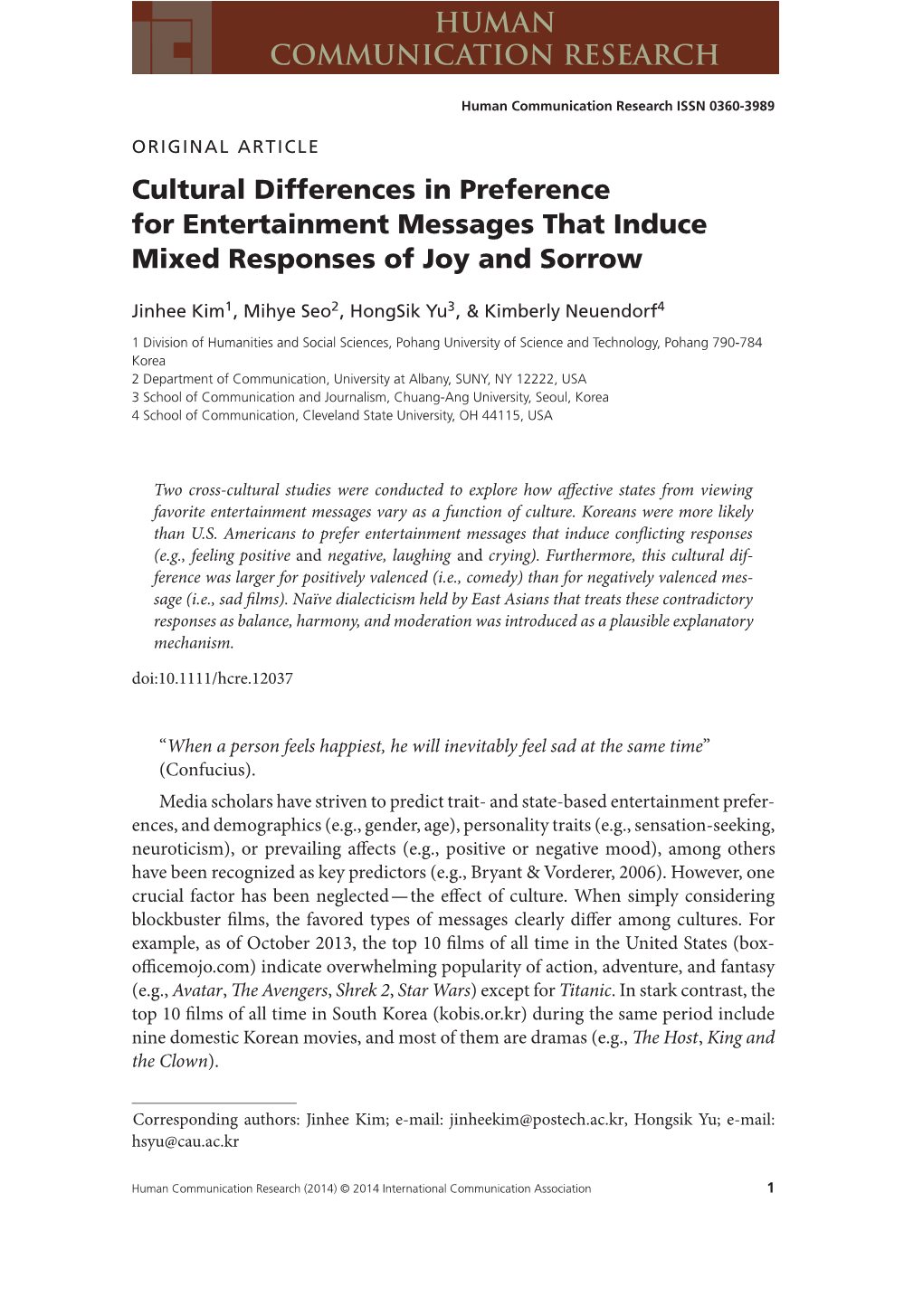 Cultural Differences in Preference for Entertainment Messages That Induce Mixed Responses of Joy and Sorrow