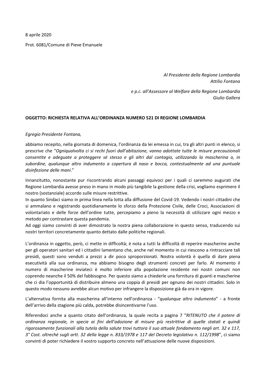 8 Aprile 2020 Prot. 6081/Comune Di Pieve Emanuele Al Presidente