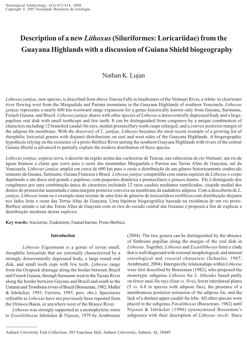 Description of a New Lithoxus (Siluriformes: Loricariidae) from the Guayana Highlands with a Discussion of Guiana Shield Biogeography