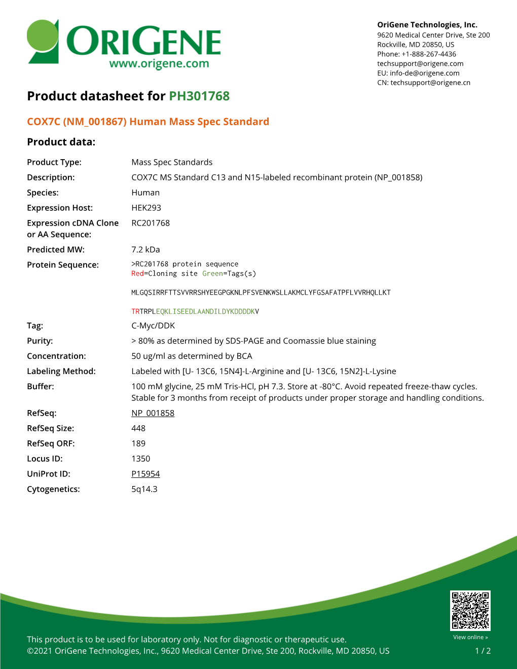 COX7C (NM 001867) Human Mass Spec Standard Product Data