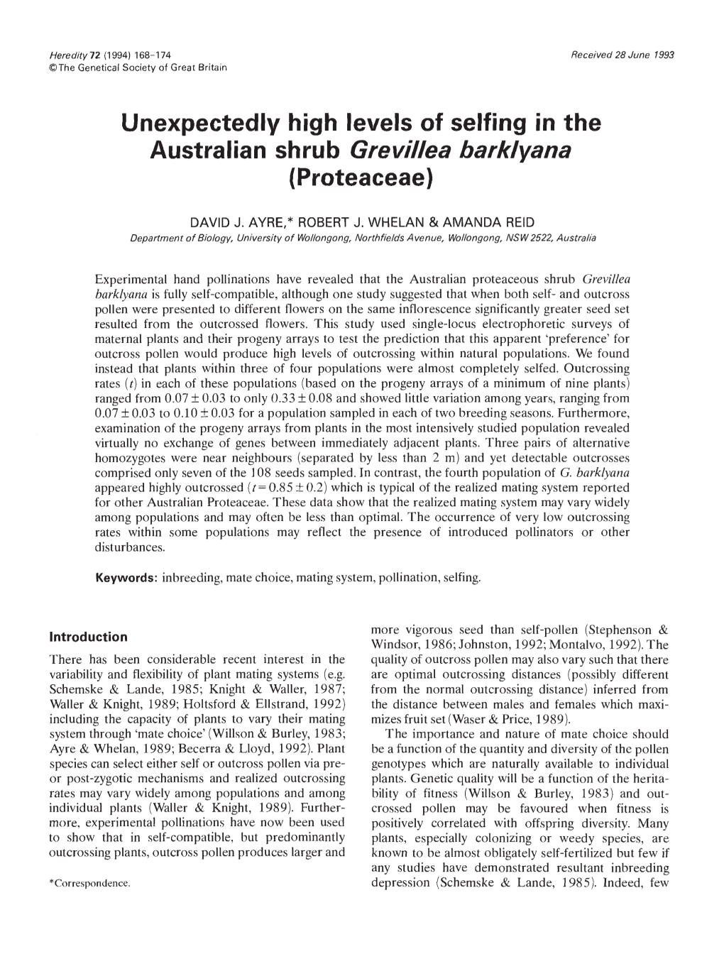 Unexpectedly High Levels of Selfing in the Australian Shrub Grevilea Barklyana (Proteaceae)