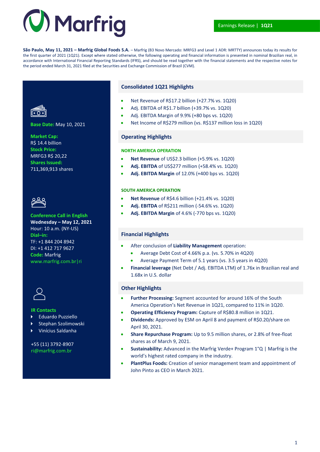 Consolidated 1Q21 Highlights Operating Highlights Financial Highlights Other Highlights