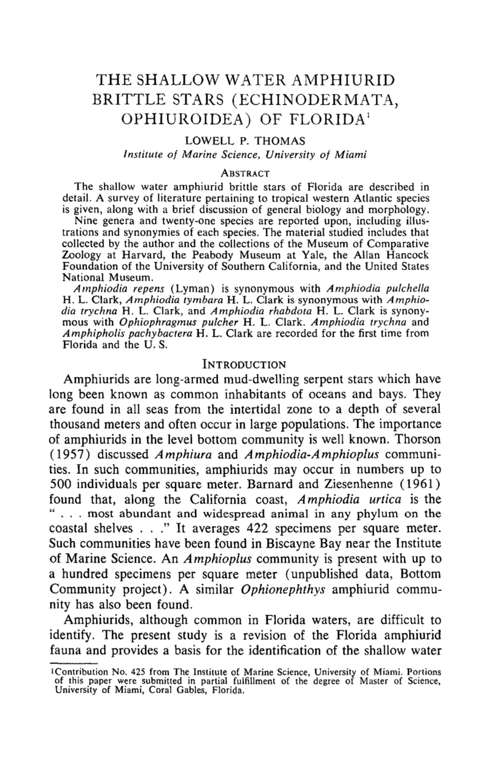 The Shallow Water Amphiurid Brittle Stars (Echinodermata, Ophiuroidea) of Florida! Lowell P