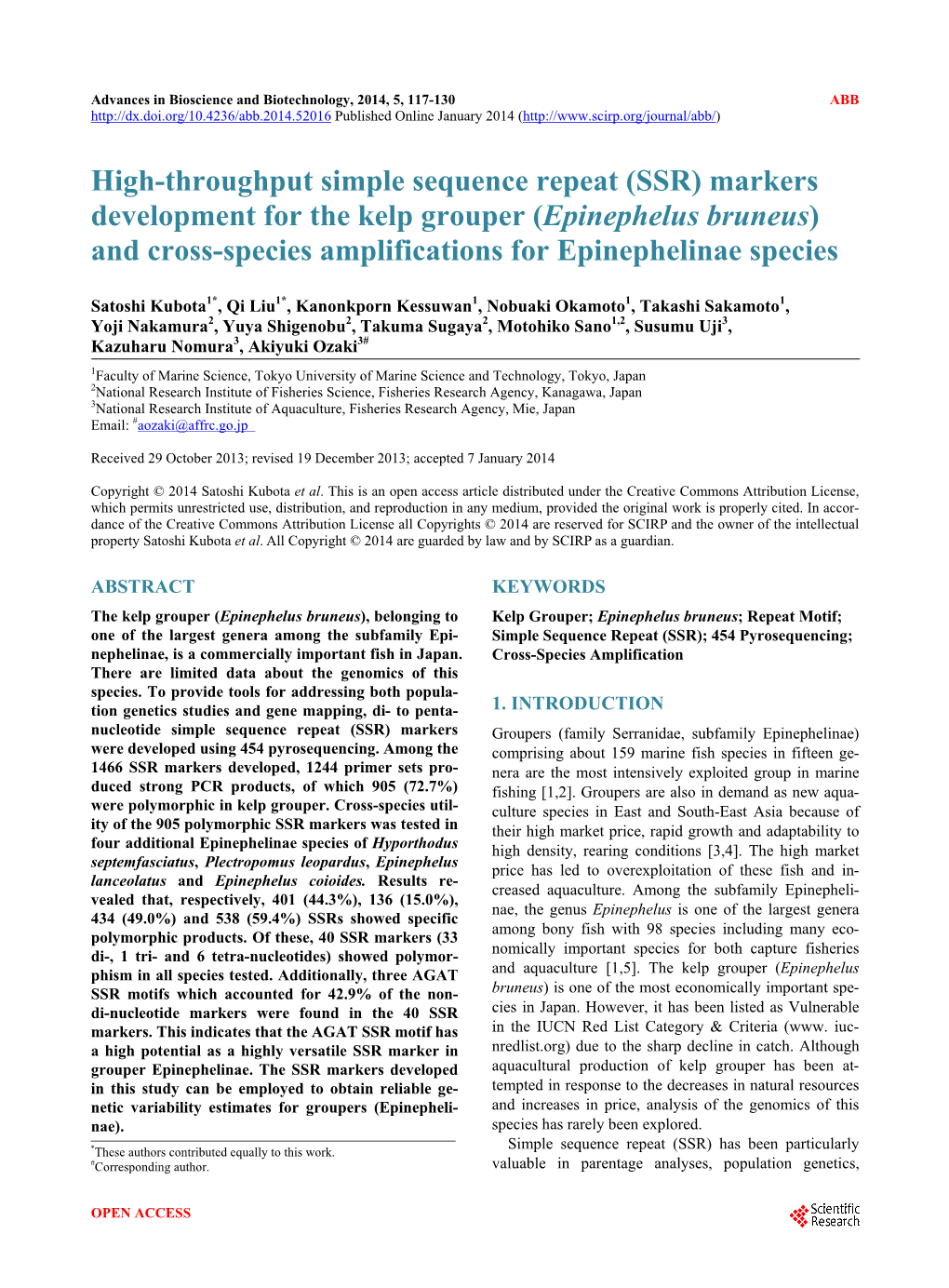 Epinephelus Bruneus) and Cross-Species Amplifications for Epinephelinae Species