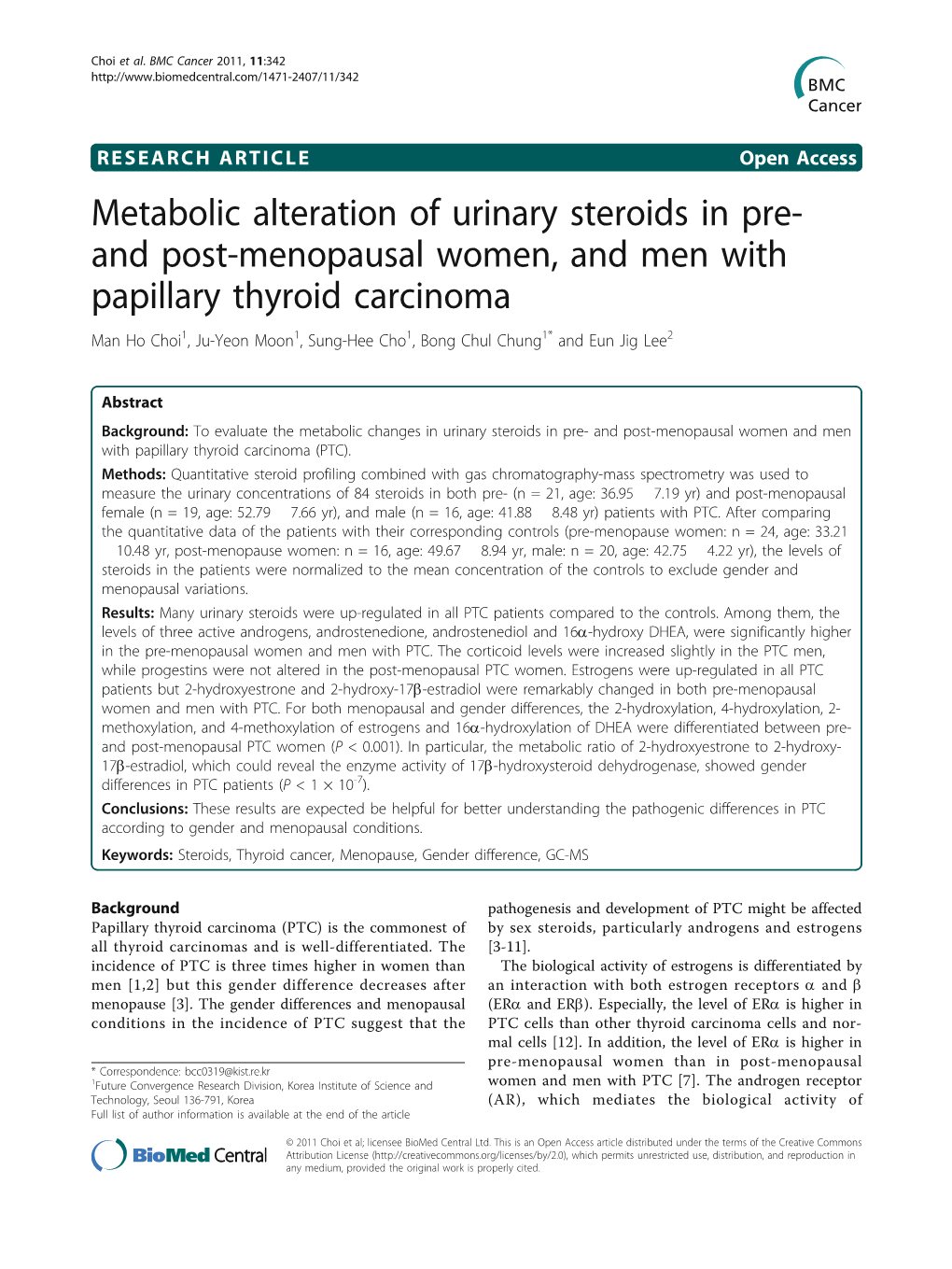 And Post-Menopausal Women, and Men with Papillary Thyroid Carcinoma Man Ho Choi1, Ju-Yeon Moon1, Sung-Hee Cho1, Bong Chul Chung1* and Eun Jig Lee2