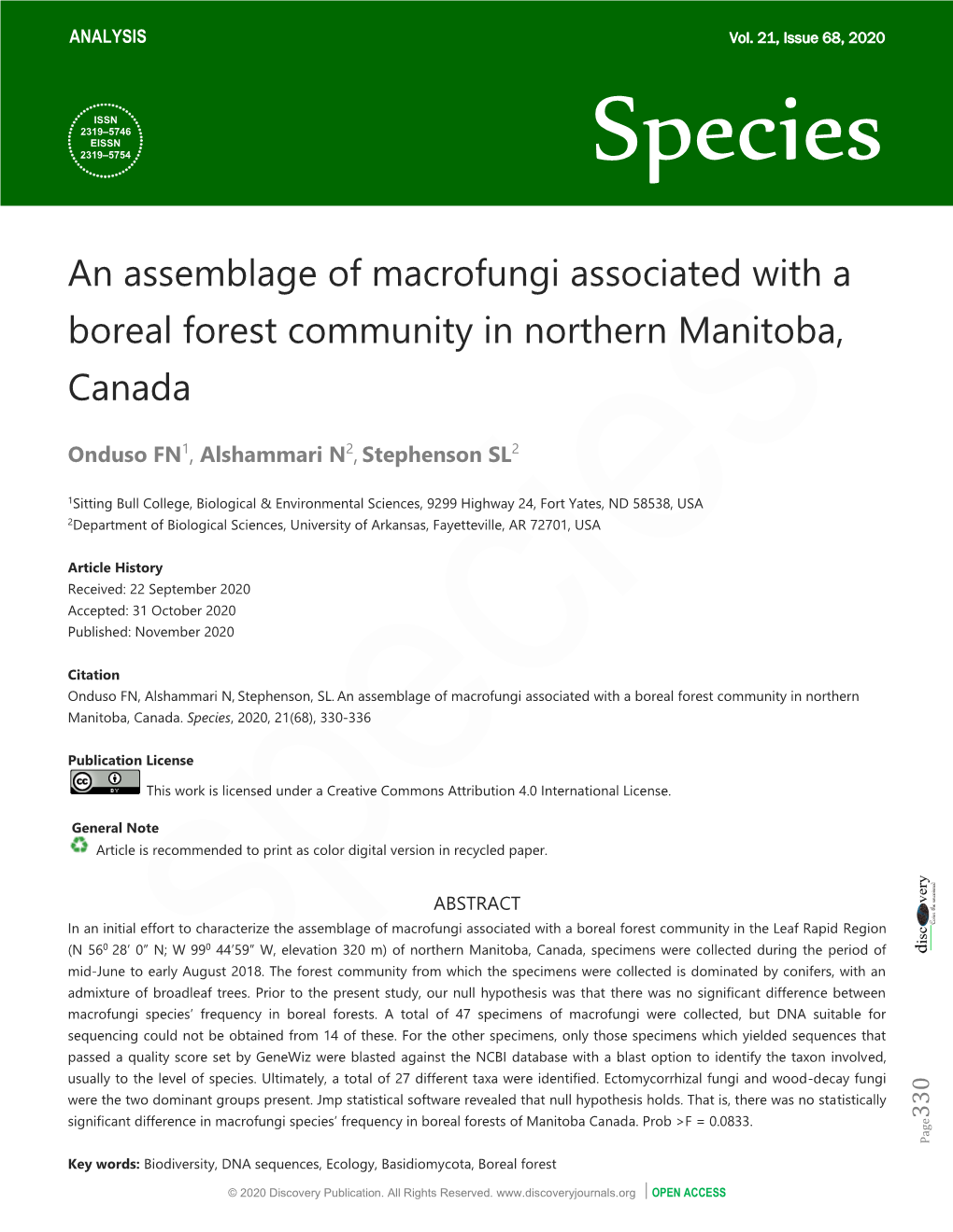 An Assemblage of Macrofungi Associated with a Boreal Forest Community in Northern Manitoba, Canada
