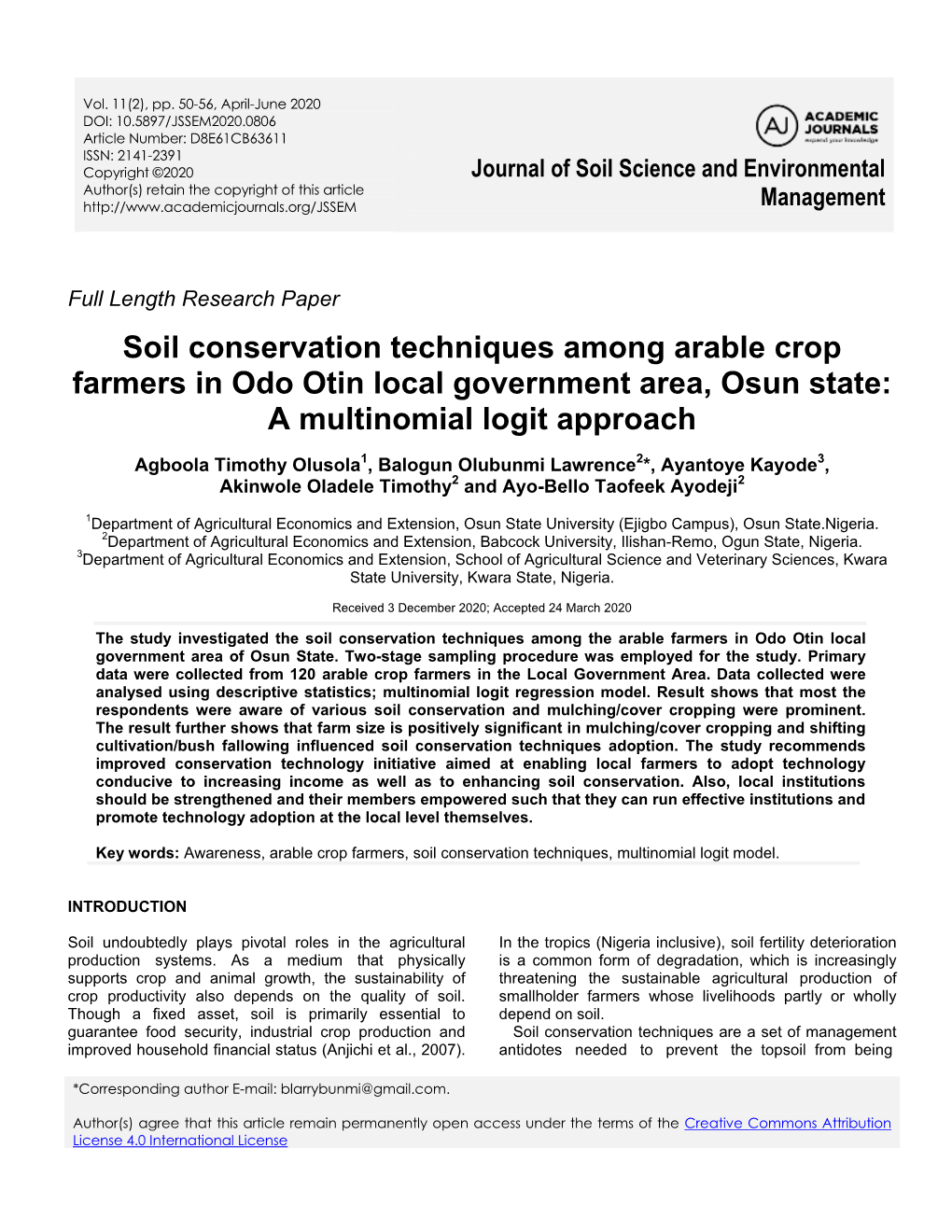 Soil Conservation Techniques Among Arable Crop Farmers in Odo Otin Local Government Area, Osun State: a Multinomial Logit Approach